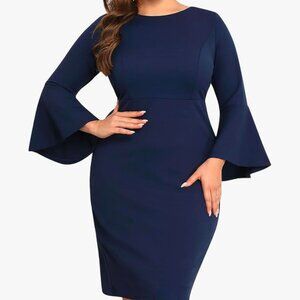 Flare Sleeve Scuba Dress Blue Strech Plus Size 2025 NEW